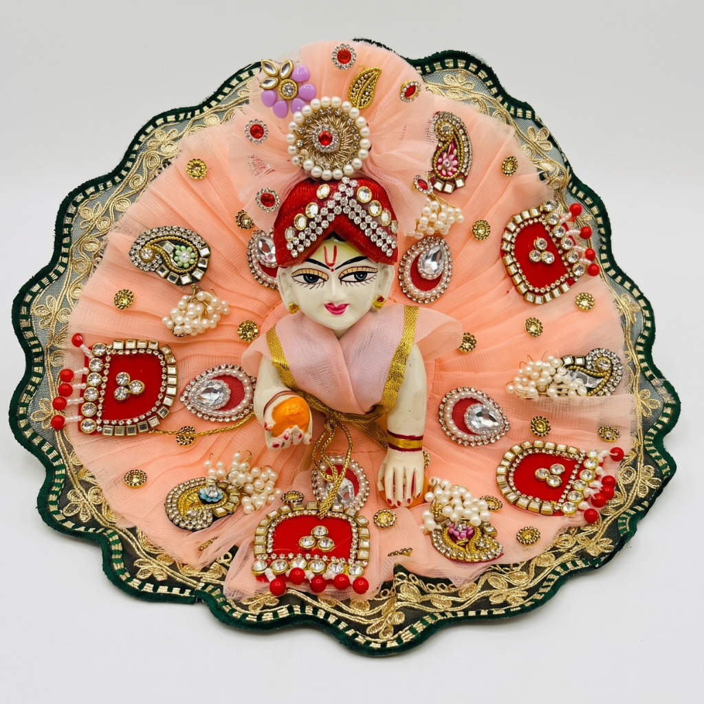 Peach & Red Designer Laddu Gopal Heavy Poshak with Pearl Mukut | Premium Bal Gopal Shringar Dress