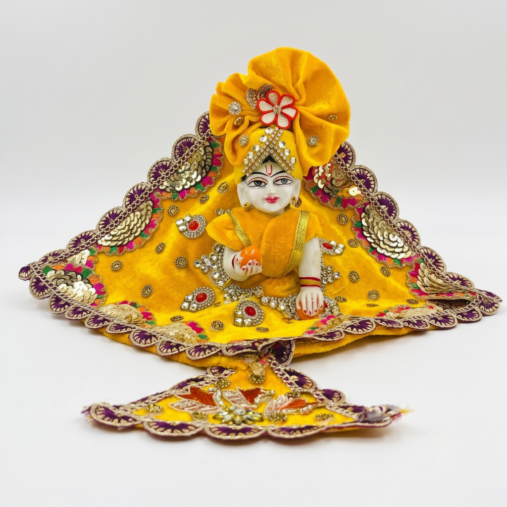 Yellow Velvet Kite Design Laddu Gopal Poshak with Royal Pagdi | Makar Sankranti Special Bal Gopal Shringar Dress