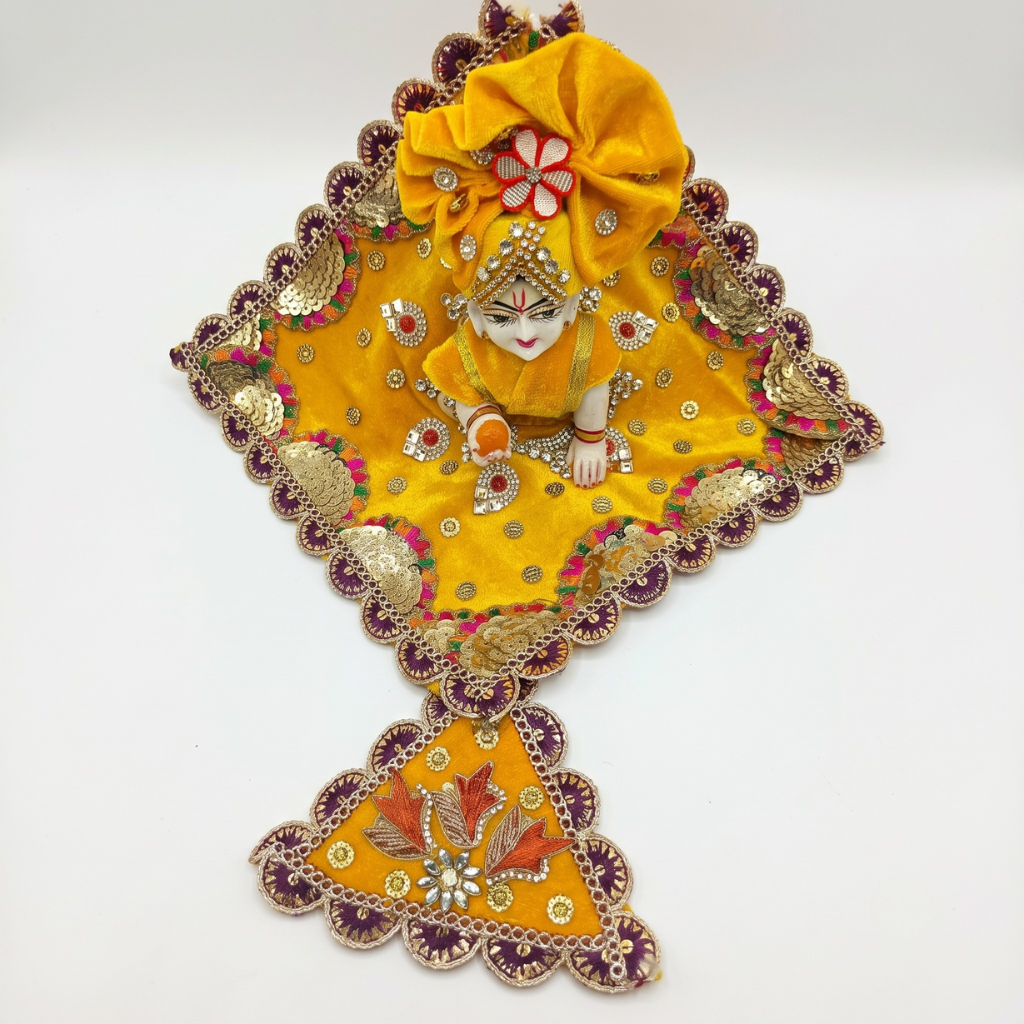 Yellow Velvet Kite Design Laddu Gopal Poshak with Royal Pagdi | Makar Sankranti Special Bal Gopal Shringar Dress