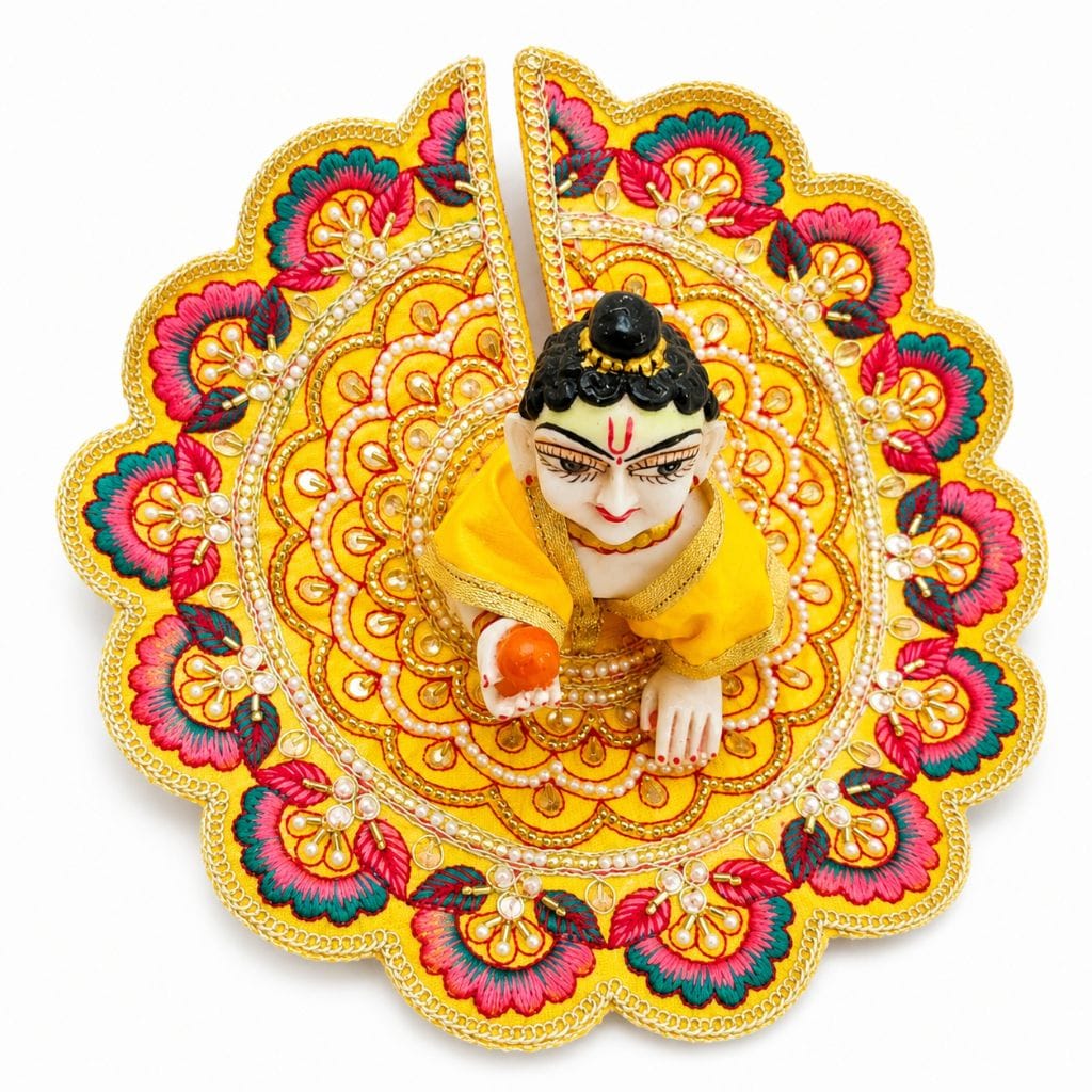 Yellow Designer Laddu Gopal Poshak with Floral Embroidery | Handmade Bal Gopal Poshak