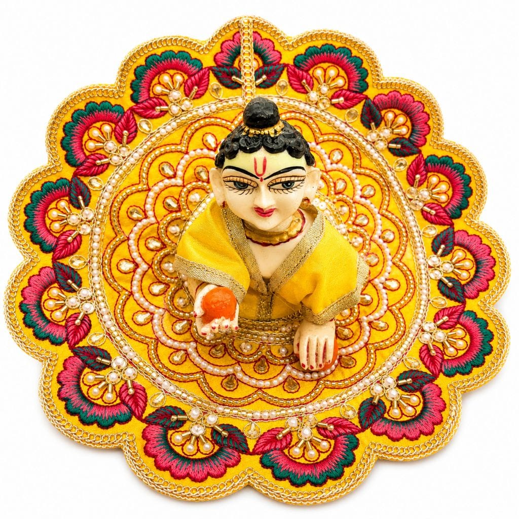 Yellow Designer Laddu Gopal Poshak with Floral Embroidery | Handmade Bal Gopal Poshak