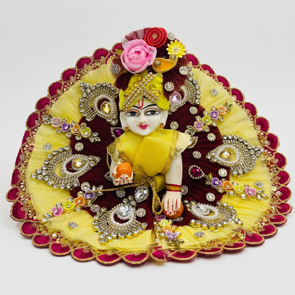 Yellow & Maroon Designer Laddu Gopal Poshak with Floral Mukut | Premium Handmade Bal Gopal Shringar Dress