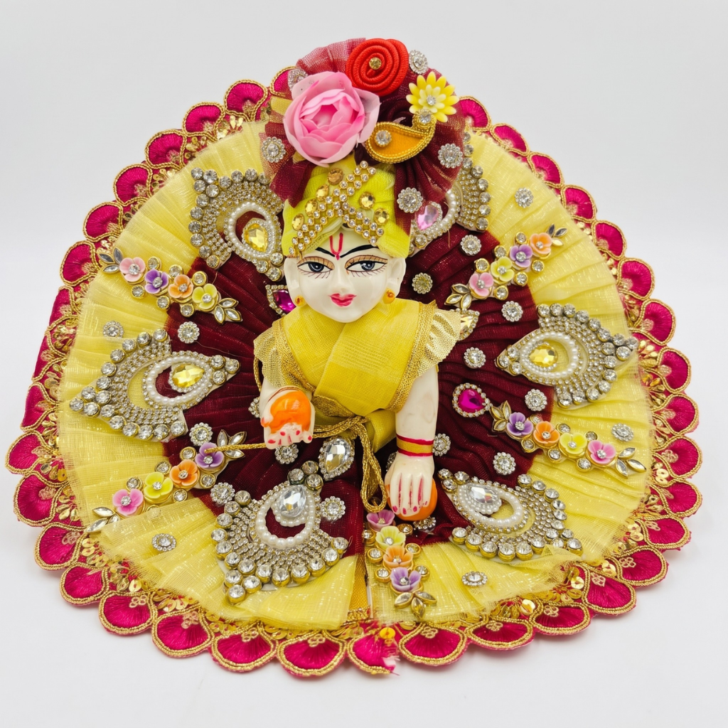 Yellow & Maroon Designer Laddu Gopal Poshak with Floral Mukut | Premium Handmade Bal Gopal Shringar Dress