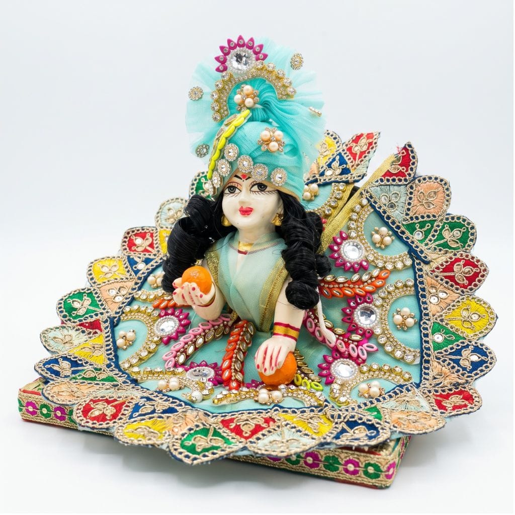 Mint Green & Multicolor Designer Laddu Gopal Poshak with Peacock Mukut | Handmade Bal Gopal Dress