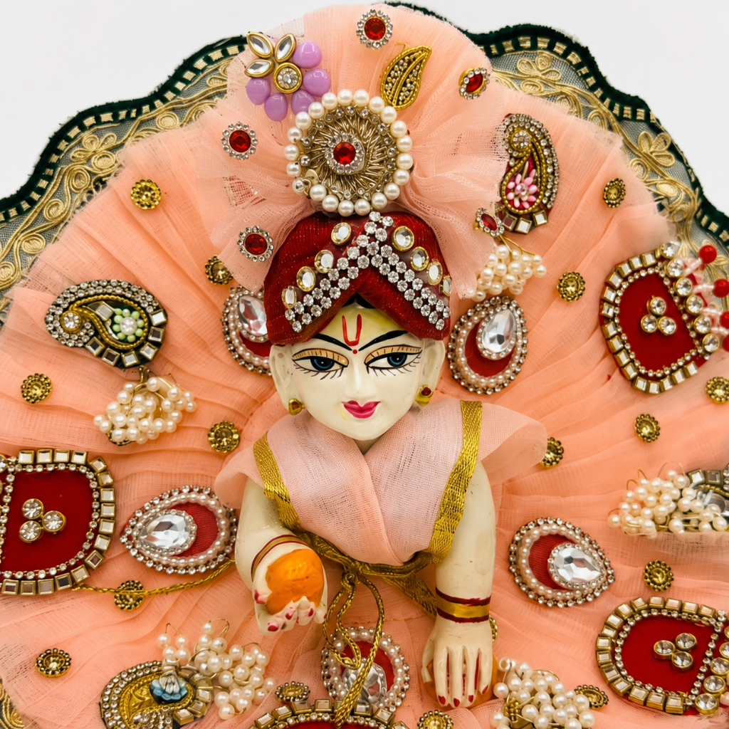 Peach & Red Designer Laddu Gopal Heavy Poshak with Pearl Mukut | Premium Bal Gopal Shringar Dress