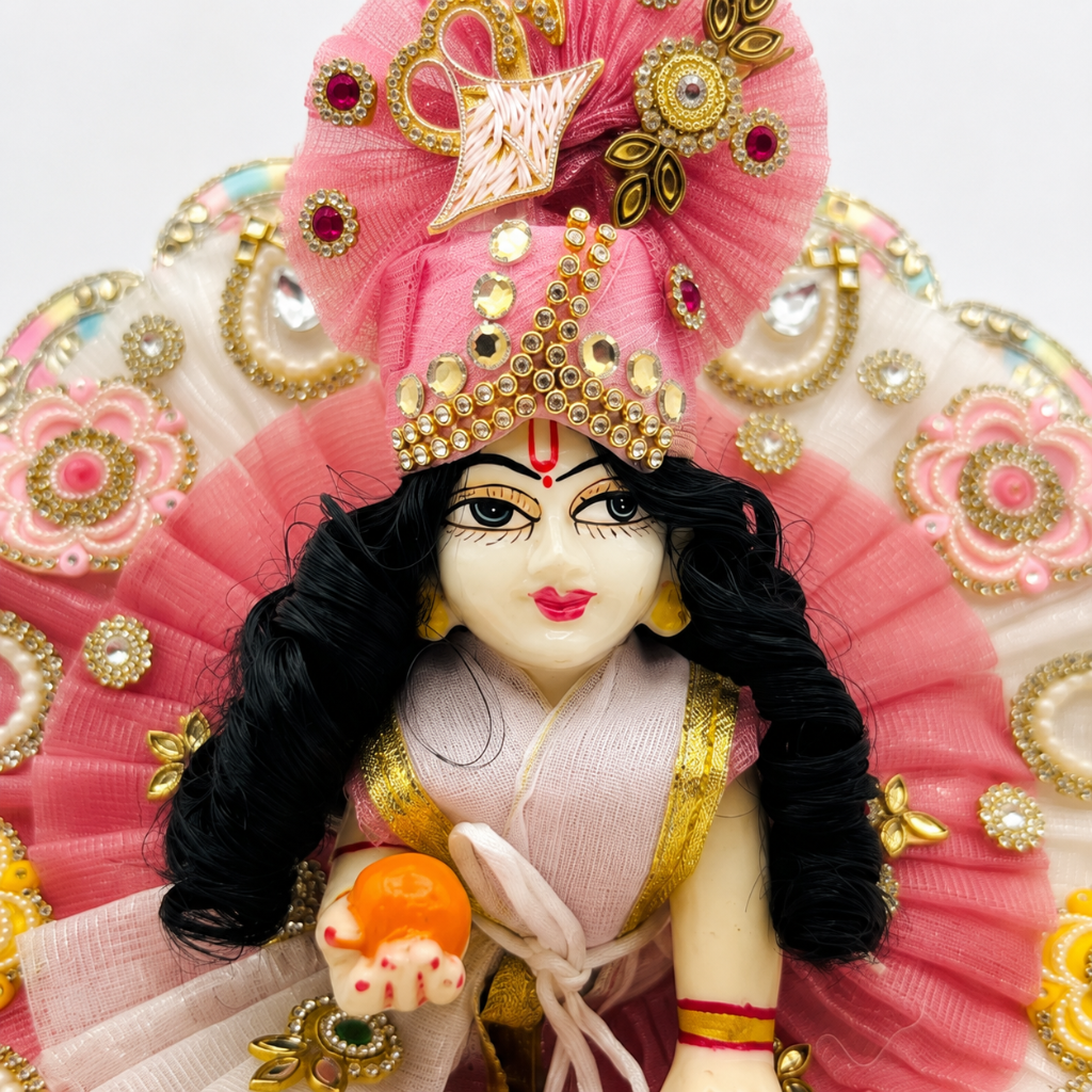 Baby Pink & White Designer Laddu Gopal Heavy Poshak with Floral Mukut | Premium Bal Gopal Shringar Dress