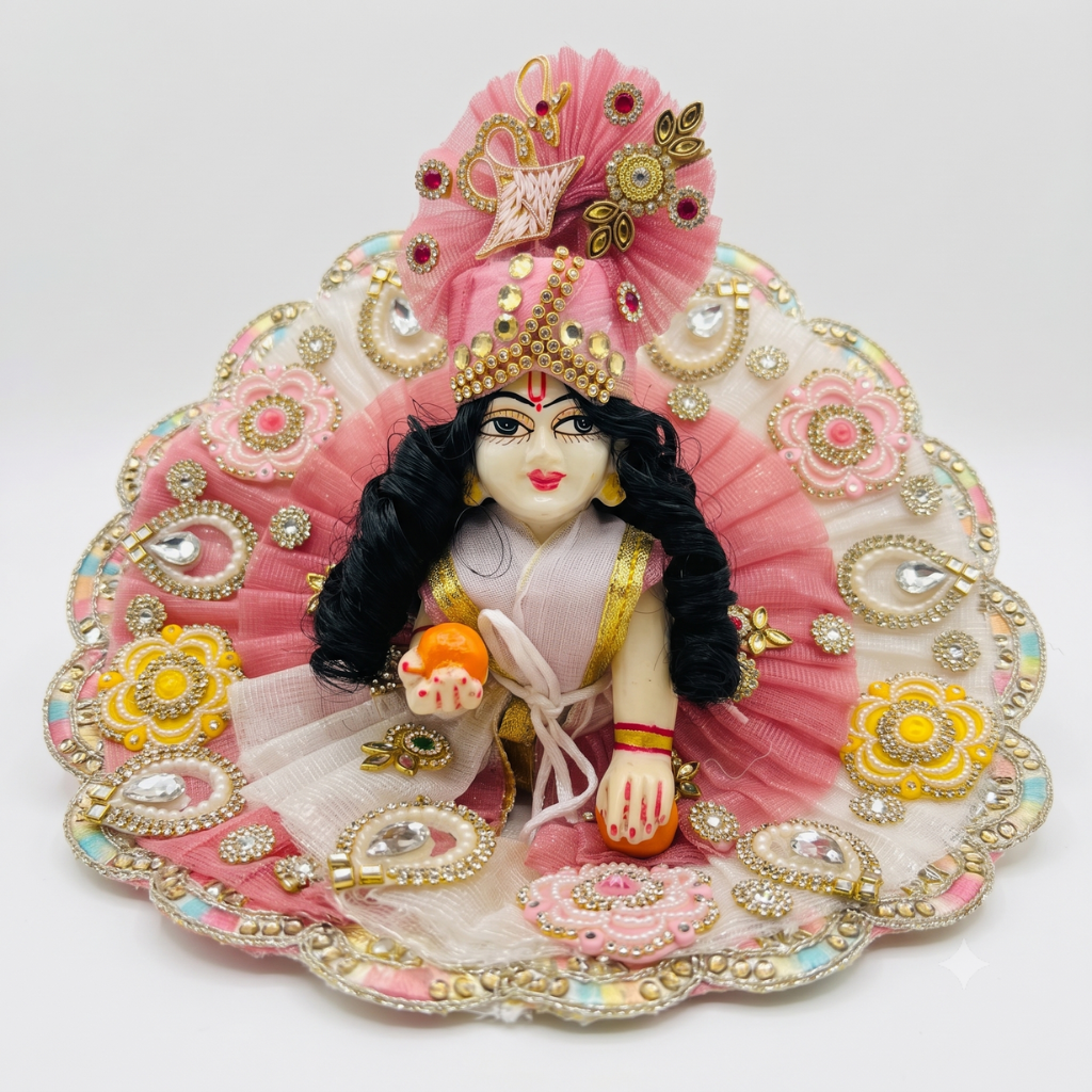 Baby Pink & White Designer Laddu Gopal Heavy Poshak with Floral Mukut | Premium Bal Gopal Shringar Dress