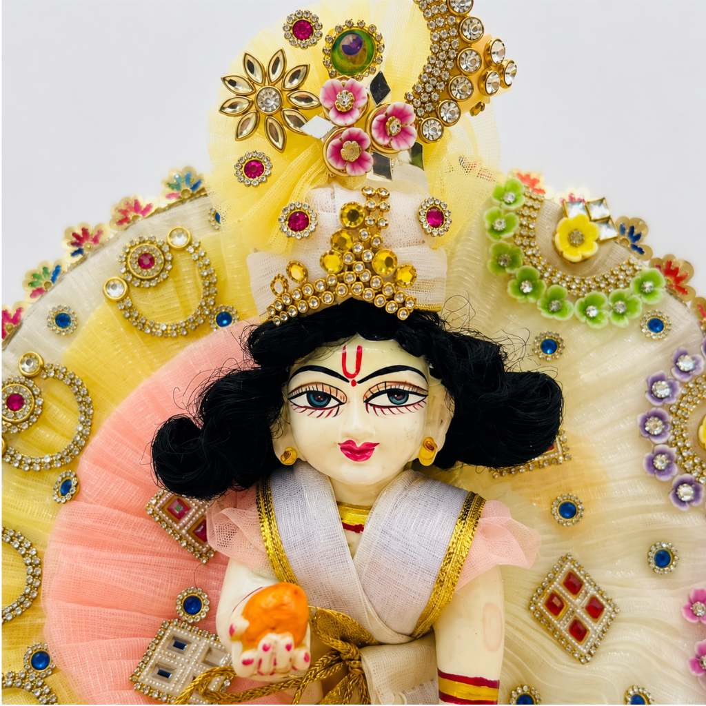 Ivory White & Lemon Yellow Designer Laddu Gopal Heavy Poshak with Royal Mukut | Premium Bal Gopal Shringar Dress