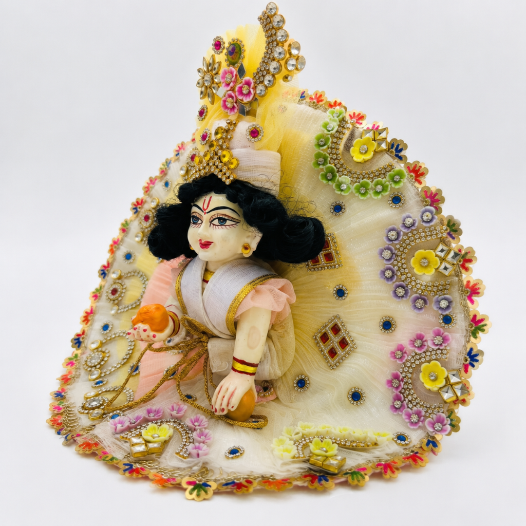 Ivory White & Lemon Yellow Designer Laddu Gopal Heavy Poshak with Royal Mukut | Premium Bal Gopal Shringar Dress