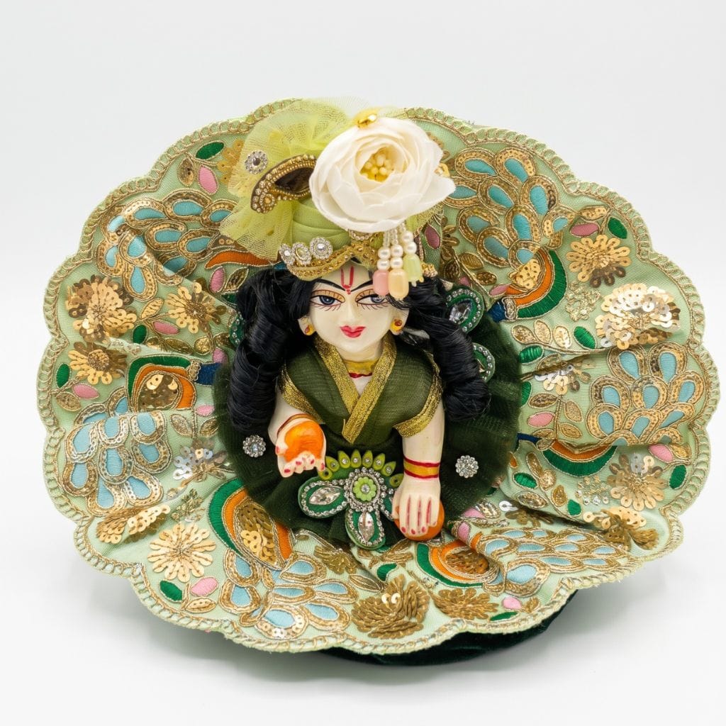 Dark Green & Mint Green Designer Laddu Gopal Heavy Poshak with Floral Mukut | Premium Bal Gopal Shringar Dress
