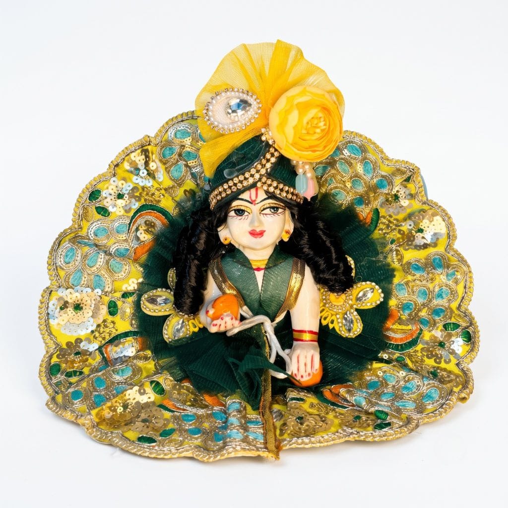 Dark Green & Yellow Designer Laddu Gopal Heavy Poshak with Yellow Floral Mukut | Premium Bal Gopal Shringar Dress