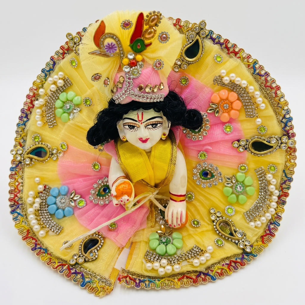 Yellow & Baby Pink Designer Laddu Gopal Heavy Poshak with Floral Mukut | Premium Bal Gopal Shringar Dress