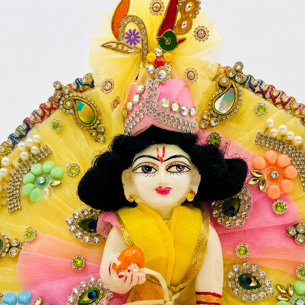 Yellow & Baby Pink Designer Laddu Gopal Heavy Poshak with Floral Mukut | Premium Bal Gopal Shringar Dress