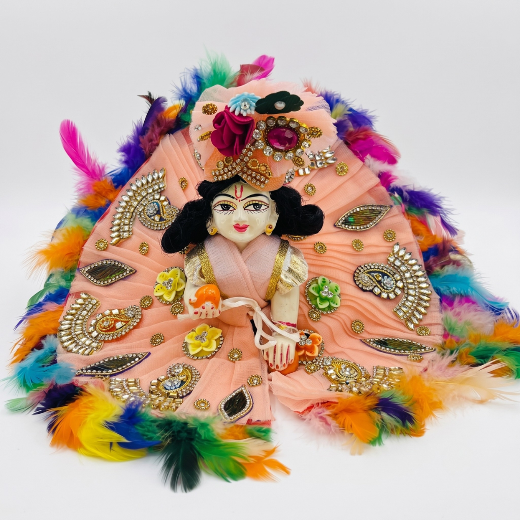 Peach Designer Laddu Gopal Ji Poshak with Multicolor Feather Border & Mukut | Premium Handmade Bal Gopal Ji Shringar Dress
