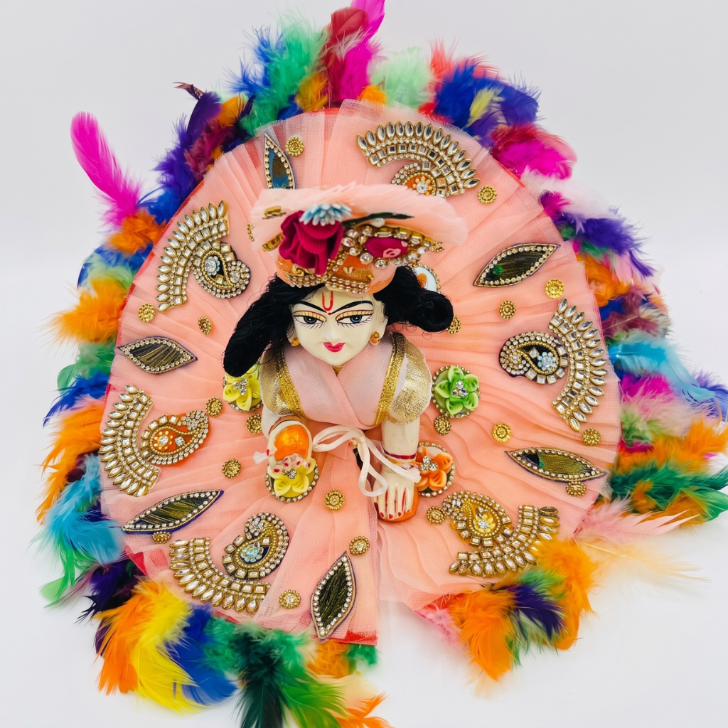 Peach Designer Laddu Gopal Ji Poshak with Multicolor Feather Border & Mukut | Premium Handmade Bal Gopal Ji Shringar Dress