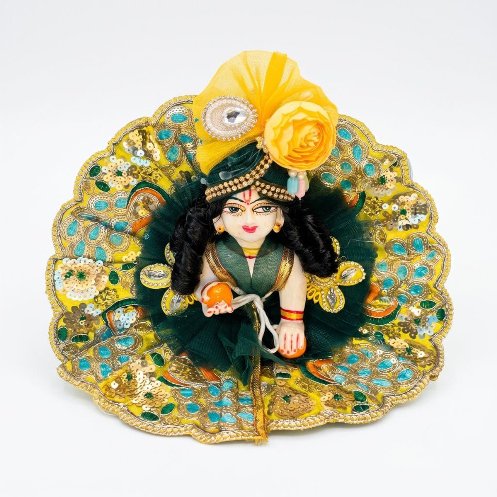 Dark Green & Yellow Designer Laddu Gopal Heavy Poshak with Yellow Floral Mukut | Premium Bal Gopal Shringar Dress