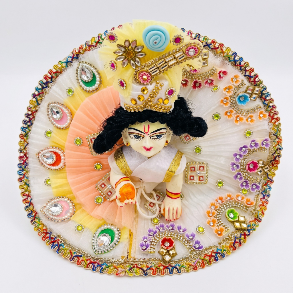 White, Yellow & Peach Designer Laddu Gopal Heavy Poshak with Yellow Mukut | Premium Bal Gopal Shringar Dress