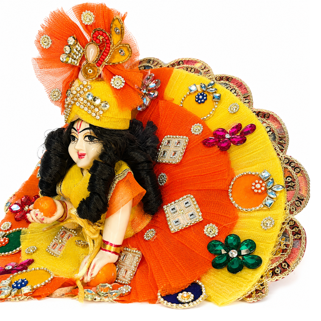 Orange & Yellow Designer Laddu Gopal Heavy Poshak with Orange Mukut | Premium Bal Gopal Shringar Dress