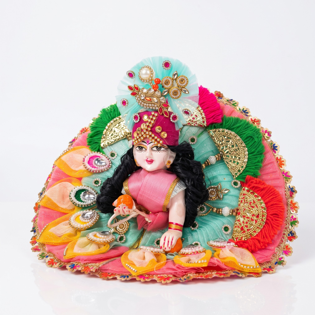 Mint Green, Pink & Orange Designer Laddu Gopal Heavy Poshak with Pink Mukut | Premium Bal Gopal Shringar Dress