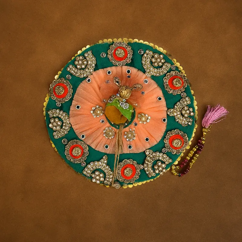 Premium Laddu Gopal Ji Poshak – Peach & Green Teal Designer Dress with Stone Work and Embroidery (Size - 5 & 6)