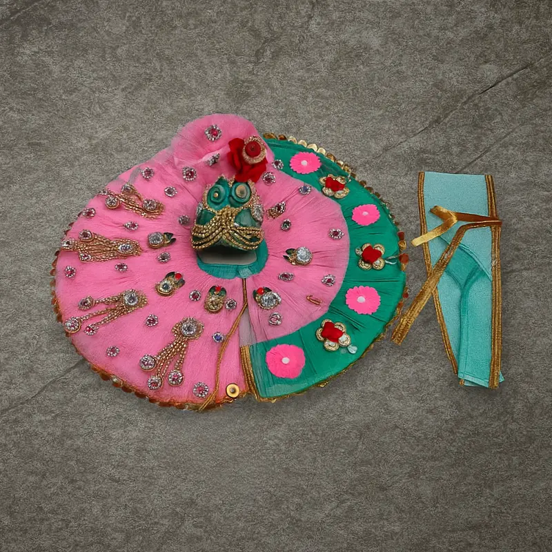 Premium Laddu Gopal Ji Poshak – Pink & Teal Designer Dress with Golden Embroidery and Floral Accents (Size - 5 & 6)