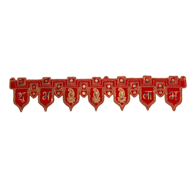 Beautiful Shubh Labh Toran Handmade Decoration Door Toran - Red & Gold Toran (Fabric)